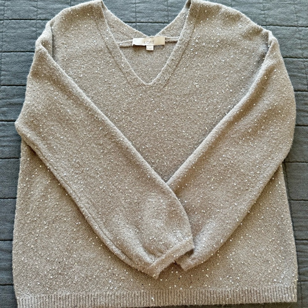 LOFT Taupe Silver Sequin V-Neck Sweater
